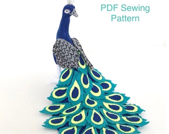 Peacock PDF Sewing Pattern -  Felt bird, Plushie bird, exotic, PDF Pattern, sewing tutorial, project, display, kidsroom decor