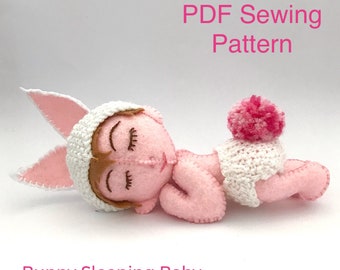 Felt Sleeping Baby in bunny outfit sewing pattern, tutorial, christening gift, DIY, kids room decor, new born, 1st Birthday gift, felt diy