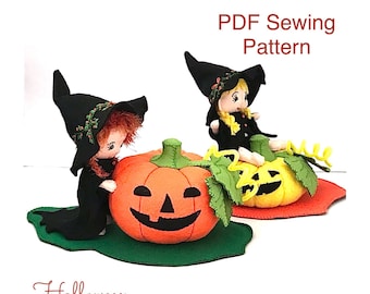 Felt Halloween Display, Sewing Pattern, Witch, Pumpkin, decoration, tutorial, decor, autumn, harvest, hat, cloak, doll, cute, gift, costume