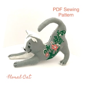フェルトの花柄猫の PDF パターン、フェルト猫、装飾、裁縫パターン、子供部屋の装飾、ディスプレイ、ぬいぐるみ、記念品、手作り、装飾、刺繍