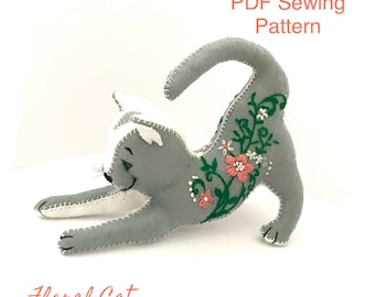 Felt Floral Cat PDF pattern, felt cat, decoration, sewing pattern, kidsroomdecor, display, soft toy, keepsake, handmade, decor, embroidery