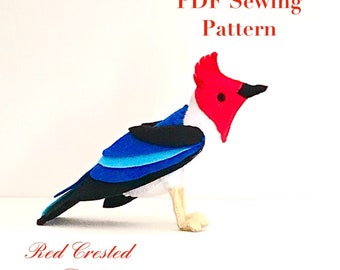 Felt Red Crested Bird PDF Sewing Pattern - Felt Plushie bird display, sewing tutorial, craft project, kids room decor, exotic bird, crafting