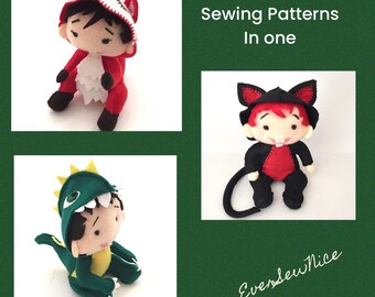 Felt Dolls in Party Costume PDF sewing pattern -  Kitty, Dinosaur,Fox, kidsroomdecor, kids gift, felt craft, make your own, felt craft ideas