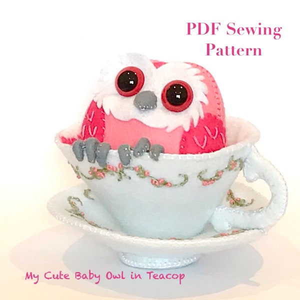 Felt Owl in Teacup PDF sewing pattern, home sewing project, felt barn owl in teacup, diy felt craft idea, kidsroomdecor felt display