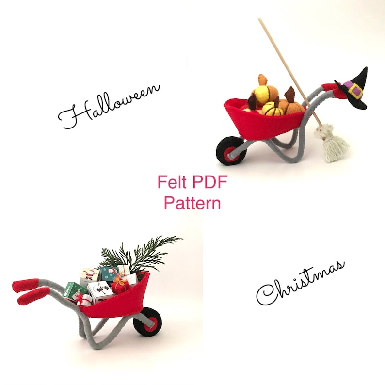 Felt Wheelbarrow PDF sewing pattern, Witches Hat, pumpkins, sewing tutorial, kidsroomdecor, ornaments, Halloween Harvest Display image 2