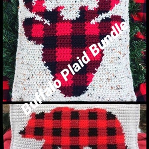 May include: Two crocheted pillows with a buffalo plaid design. The first pillow features a red and black buffalo plaid deer silhouette. The second pillow features a red and black buffalo plaid bear silhouette. The pillows are both white with a speckled texture.