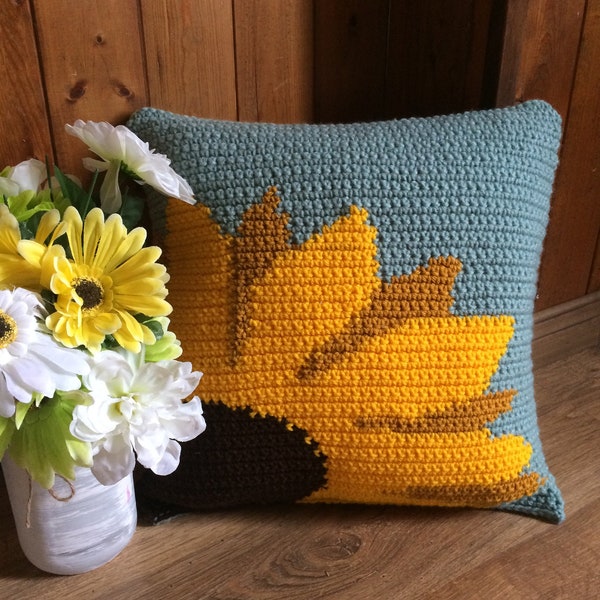 sunflower crochet, fall crochet, sunflower pillow, sunflower, spring crochet, home decor, Peaking Sunflower Pillow Pattern