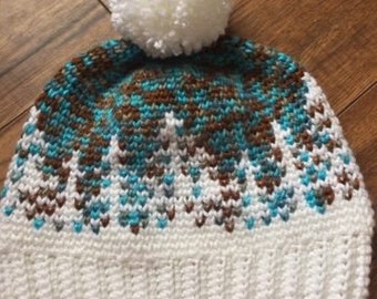 Patrón de crochet, crochet fair isle, gorro de moño desordenado, gorro con pompón, archivo pdf, descarga instantánea, patrón de gorro Fair Isle de Aurora, crochet rústico
