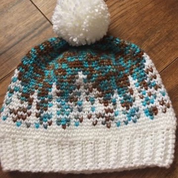 Crochet pattern, fair isle crochet, messy bun hat, pompom hat, pdf file, instant download, Aurora Fair Isle Hat Pattern, rustic crochet