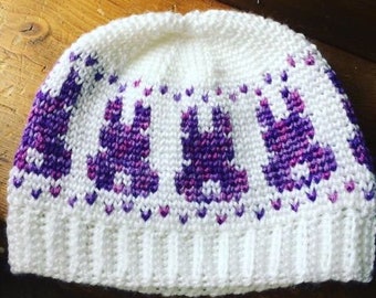 Crochet pattern, fair isle crochet, messy bun hat, easter hat, easter crochet, instant download, Bunny Bum Crochet Hat, rustic crochet