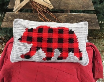 Buffalo Bear Pillow Crochet Pattern, Plaid Bear, Crochet Pillow, Christmas Crochet, Rustic Crochet, pdf file