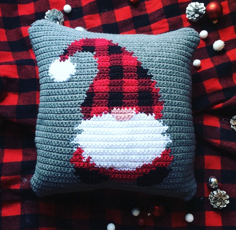 crochet pattern, christmas crochet, instant download, gnome pillow, gnome crochet, buffalo plaid, gnome for the holidays crochet pattern image 1