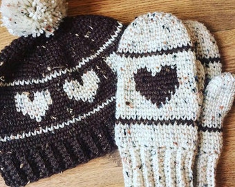 Heart You Hat & Mitten Pattern, fair isle crochet, crochet pattern, crochet mitten, crochet hat, heart hat, pdf file, instant download