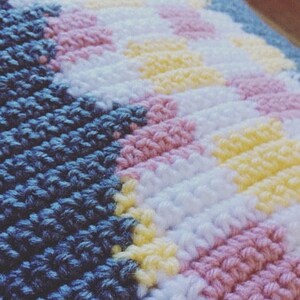May include: Close-up of a knitted blanket with a blue, pink, white, and yellow color pattern.