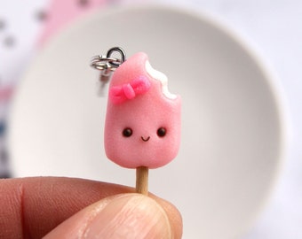 Kawaii pink popsicle charm, polymer clay food charms, miniature food clay, cute stitch marker, tiny cute charm, cute strawberry popsicle