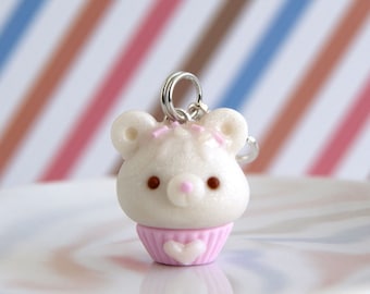 Cute bear cupcake charm, miniature cupcake charm, polymer clay kawaii bear charm, cute stitch marker, kawaii animal clay charm, pet charm