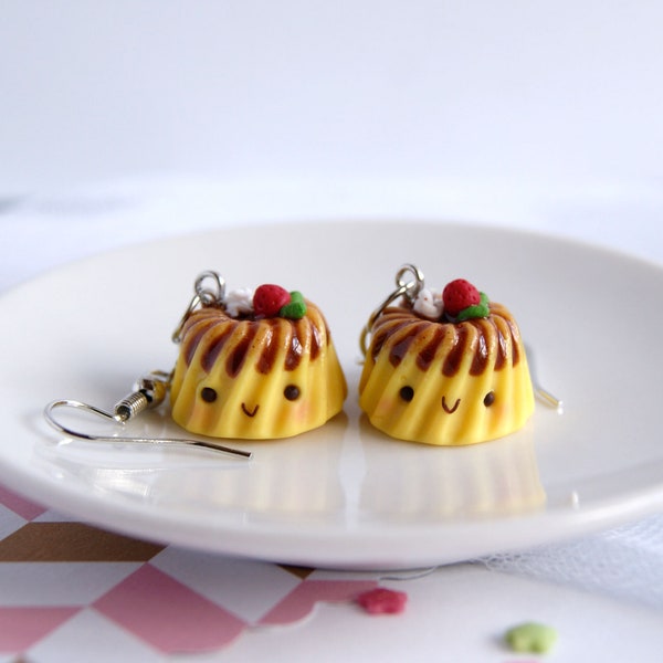 Cute pudding earrings, cute flan earrings, polymer clay cute food earrings, clip on earrings girls, funny food earrings, cute food jewelry