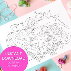 Cute printable coloring page, kawaii coloring sheet, kawaii doodle coloring page, cute fall scarecrow draw, DIY printable kids activity