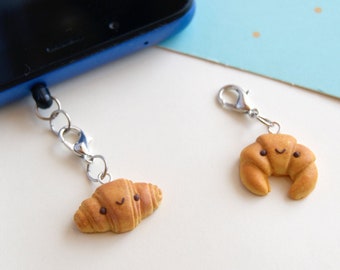 Cute croissant phone plug charms, kawaii food phone charm, switch plug charms, kawaii clay food charm, croissant charm, miniature food charm