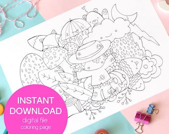 Cute printable coloring page, kawaii coloring sheet, kawaii doodle coloring page, cute fall scarecrow draw, DIY printable kids activity