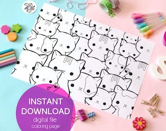 Kawaii Cat Coloring Page, Cute Doodle Masks (PDF Printable)