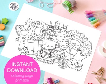 Cute Christmas Cat Coloring Page for Kids, Doodle Printable (PDF)