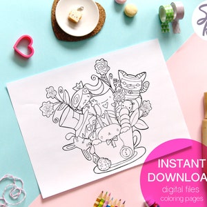 Cute Alice in Wonderland printable coloring page, fairy tale coloring page, kawaii printable coloring sheet, alice in wonderland characters