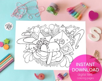 Cute printable coloring page, cute coloring sheet printable, happy mailbox coloring sheet, kawaii doodle coloring printable, cute kids page