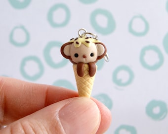 Cute monkey ice cream charm, polymer clay kawaii charms, cute animals charms, animal stitch marker, tiny cute clay charms, miniature monkey
