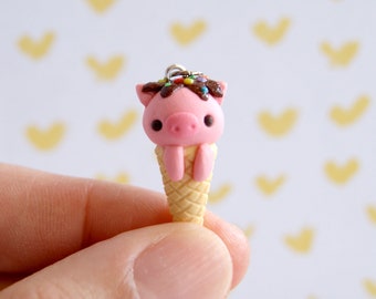 Cute little pig ice cream charm, polymer clay kawaii charms, cute animals charms, animal stitch marker, tiny cute clay charms, food charms