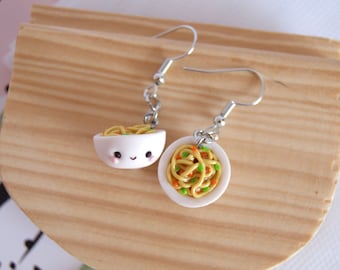 Cute kawaii noodles bowl earrings, cute clay food earrings, cute miniature food jewelry, cute clay food earrings, cute funny earrings dangle