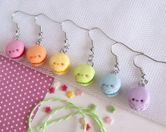 Cute kawaii macarons earrings, cute rainbow earrings pack, cute clay food earrings, cute miniature food jewelry, cute kawaii dangle earrings