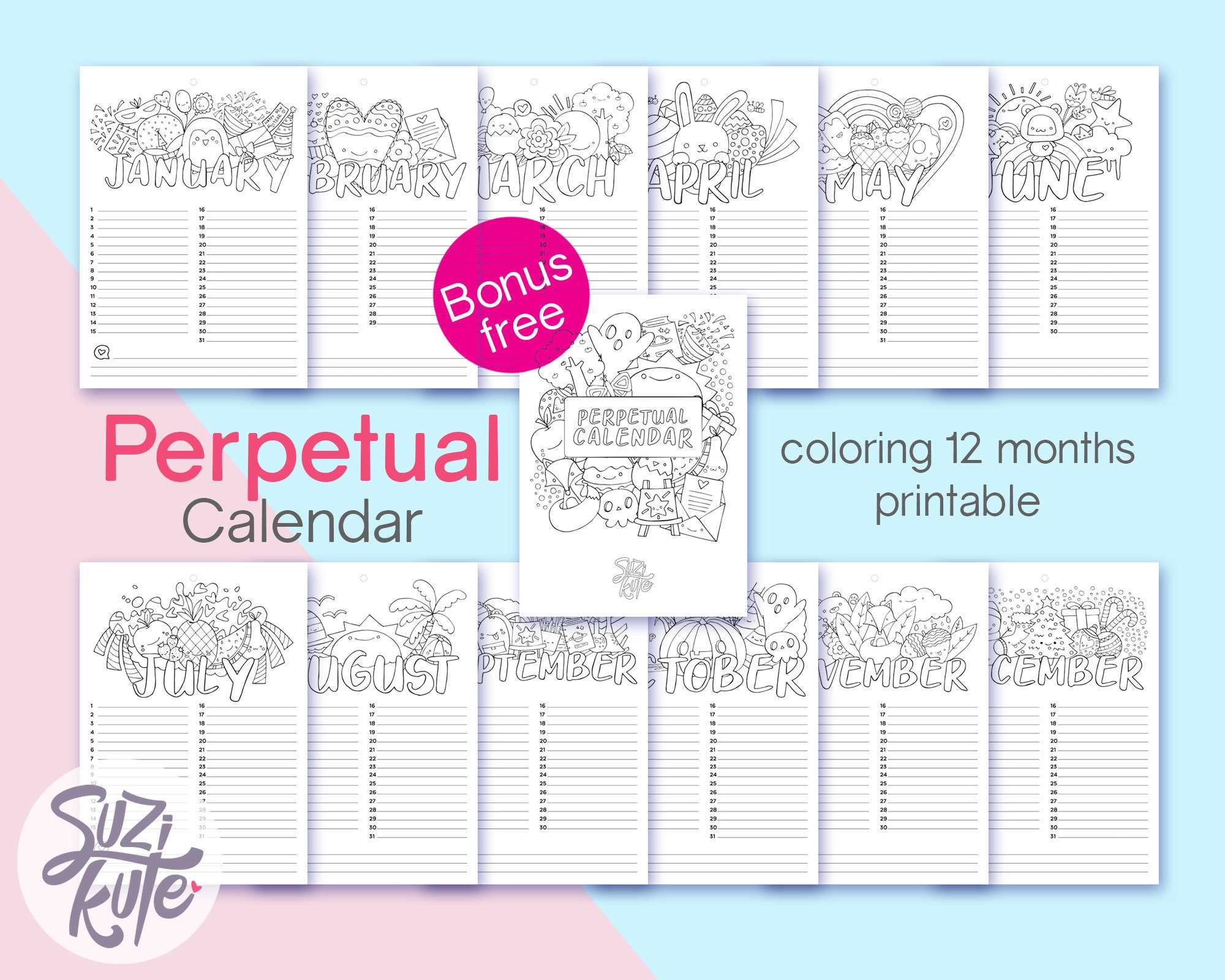 coloring calendar 2022 printable cute 12 months planner etsy