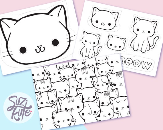 Dibujo para colorear gato Kawaii tipo doodle imprimible - Etsy México
