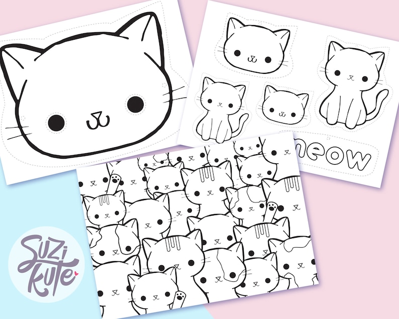 May include: A printable coloring page featuring a cat face, a cat body, a smaller cat head, and the word "meow". The page also includes a pattern of many cats.
