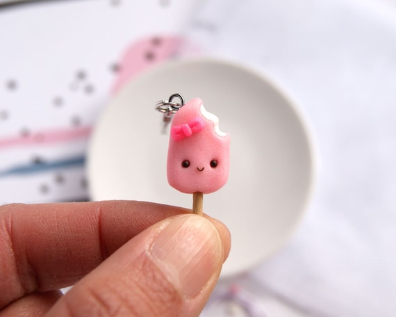 Kawaii Pink Popsicle Charm, Polymer Clay Food Charms, Miniature Food Clay,  Cute Stitch Marker, Tiny Cute Charm, Cute Strawberry Popsicle 