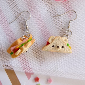 Cute kawaii bear sandwich earrings, cute miniature food jewelry, cute clay food earrings, cute clip on earrings, cute funny earrings dangle