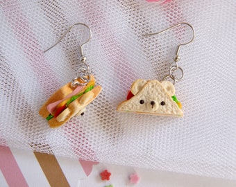 Cute kawaii bear sandwich earrings, cute miniature food jewelry, cute clay food earrings, cute clip on earrings, cute funny earrings dangle