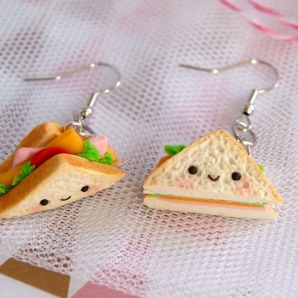 Boucles d'oreilles sandwich kawaii, boucles d'oreilles aliments en argile, jolies boucles d'oreilles demi-sandwich, jolies boucles d'oreilles en argile, jolies boucles d'oreilles à clip, jolis bijoux alimentaires