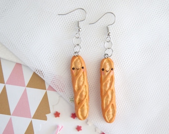 Kawaii french bread earrings, cute baguette bread earrings, cute clay food earrings, cute kawaii polymer clay earrings, clip on earrings