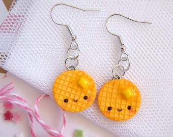 Kawaii waffles earrings, polymer clay food earrings, cute clay earrings, clip on earrings, miniature food jewelry, funny earrings for girls
