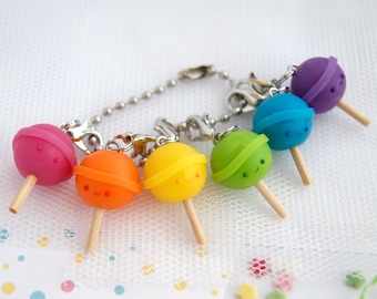 Kawaii rainbow lollipop charms, cute lollipop stitch markers, polymer clay kawaii food charms, miniature food charms, cute clay charms