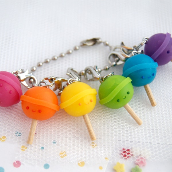 Kawaii rainbow lollipop charms, cute lollipop stitch markers, polymer clay kawaii food charms, miniature food charms, cute clay charms