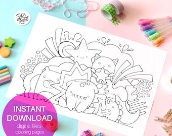 Cute Monster Coloring Page for Kids, Kawaii Doodle (Digital Download)
