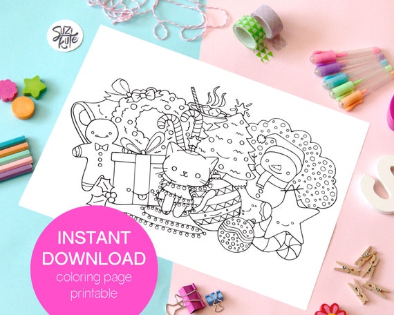 Cute christmas cat printable coloring page, kawaii christmas printable coloring page, christmas doodle for kids coloring sheet printable