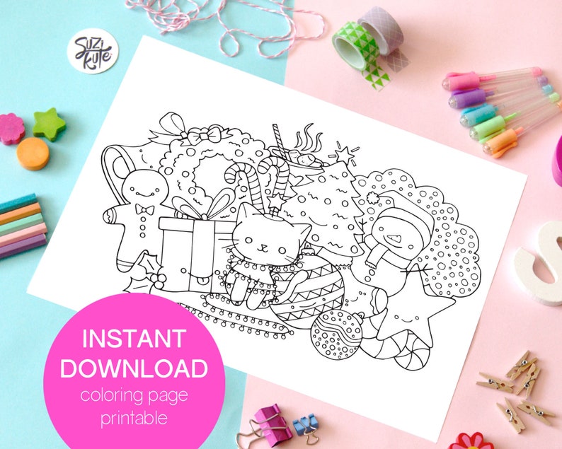 Cute Christmas Cat Coloring Page for Kids, Doodle Printable (PDF) image 1
