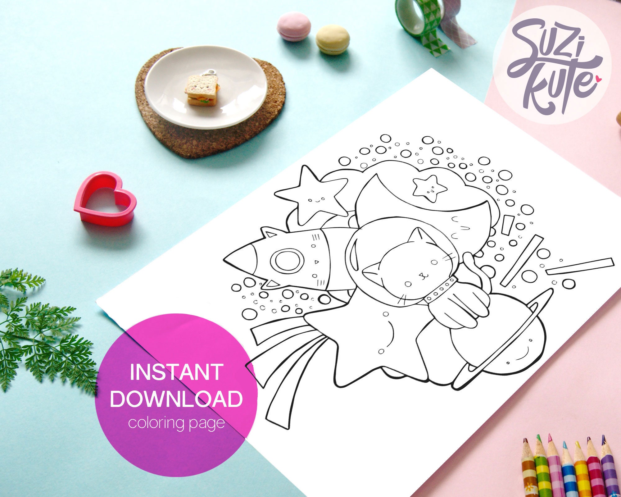Cute cat printable coloring page, printable outer space coloring page for Kids, kawaii outer space printable activity, kids coloring sheet