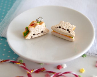 Cute kawaii cat sandwich charms, cute clay miniature food charms, cute kawaii animals charms, cute miniature sandwich, polymer clay charms