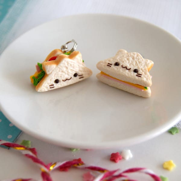 Charmes de sandwich chat kawaii mignon, breloques nourriture miniature en argile, breloques animaux kawaii mignons, sandwich miniature mignon, breloques en argile polymère