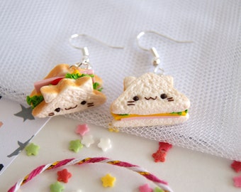 Cute kawaii cat sandwich earrings, cute miniature food jewelry, cute clay food earrings, cute clip on earrings, cute cat lover earrings